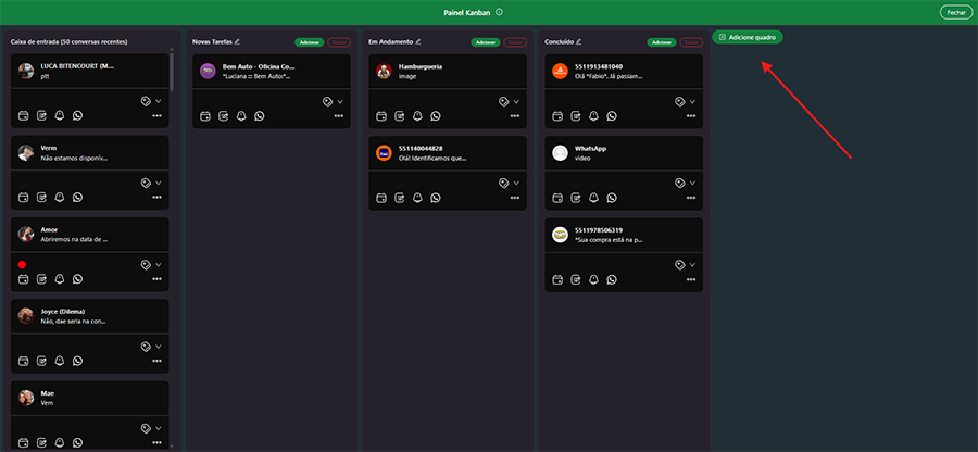 Exemplo de painel Kanban com colunas e tarefas