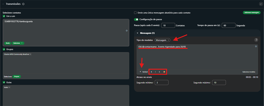 Mensagem personalizada com variáveis