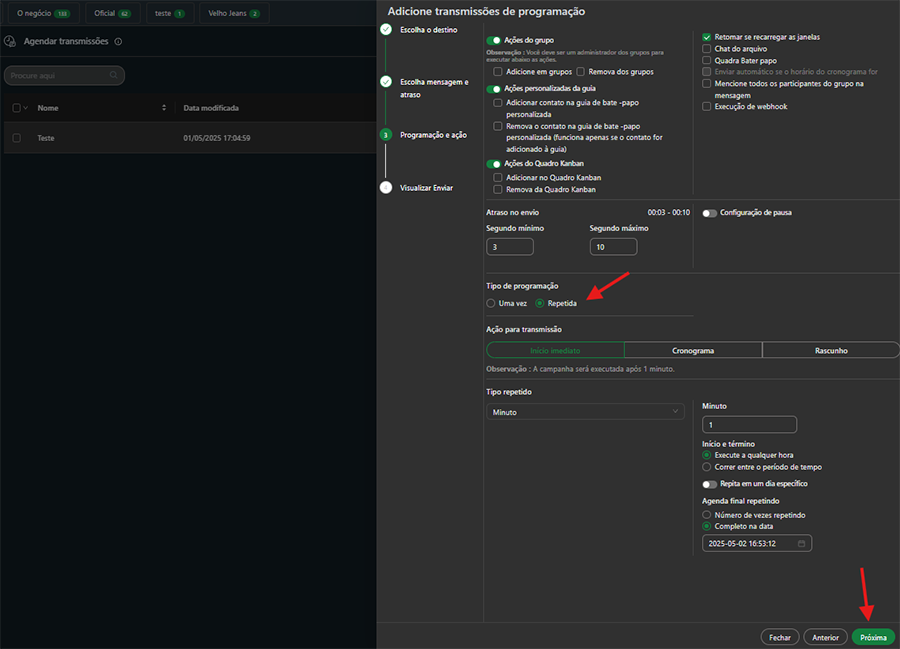 Programação e ação - envio repetido