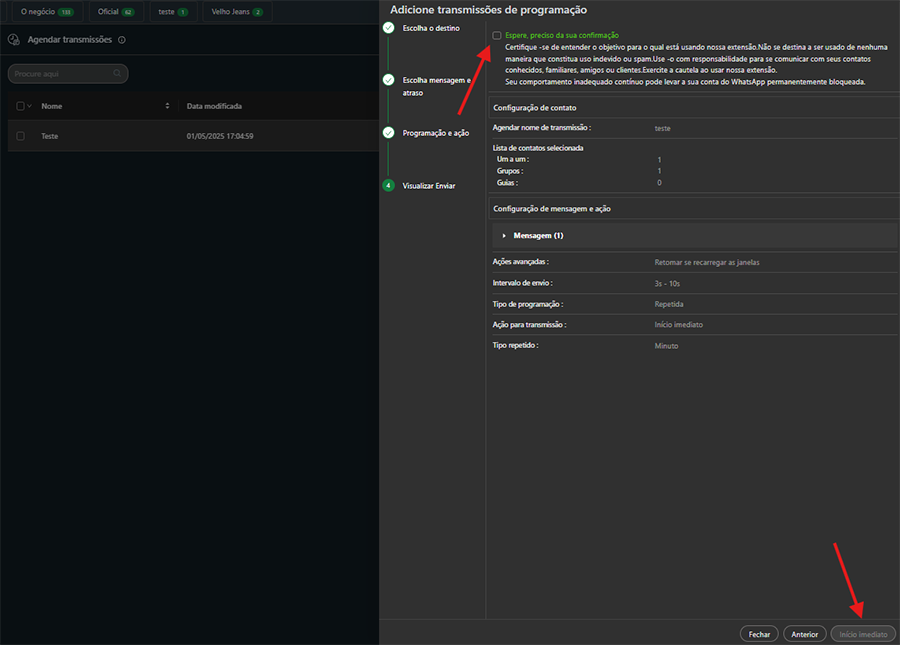 Resumo e envio da transmissão programada