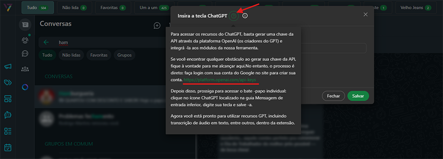 Instruções para inserir a chave do ChatGPT