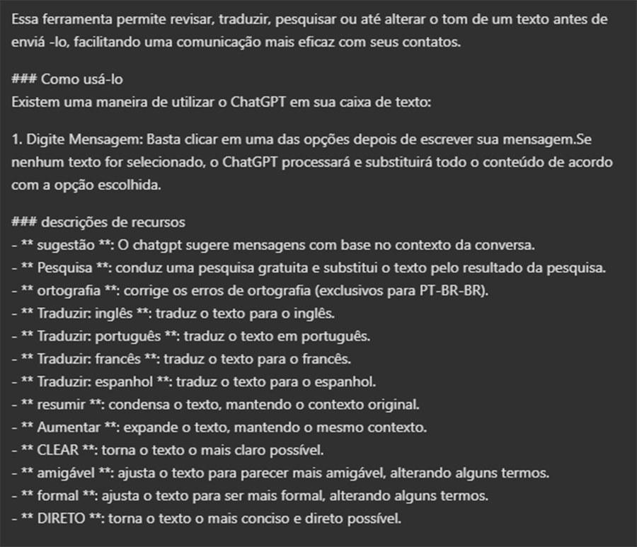 Descrição das funcionalidades ChatGPT