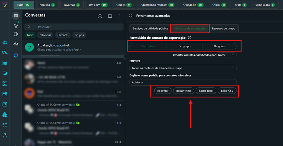Aba de exportação de contatos
