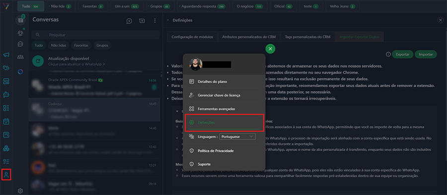 Abrir menu de configurações - Definições