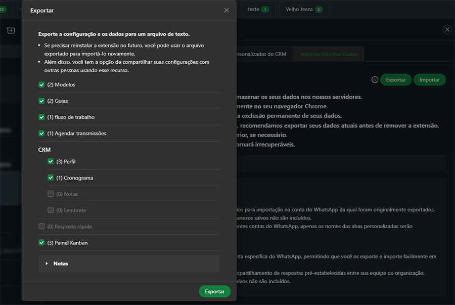Janela de exportação com seleção de dados