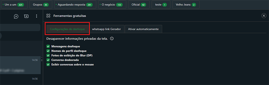 Configurações de desfoque